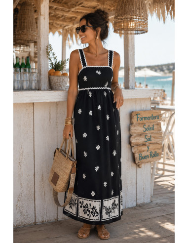 Vestido Negro con Estampado Blanco y Detalles...