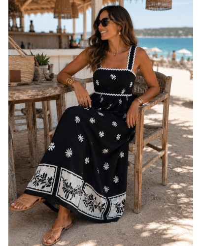 Vestido Negro con Estampado Blanco y Detalles de Piculina
