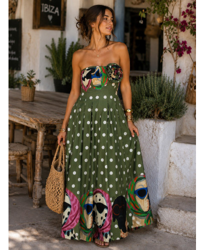 Vestido largo palabra de honor estampado Dog Art verde