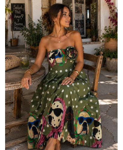 Vestido largo palabra de honor estampado Dog Art verde 2