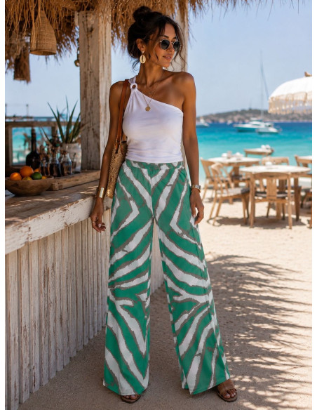 🌟 Pantalón Punto Seda Estampado franjas : verde y blanco
