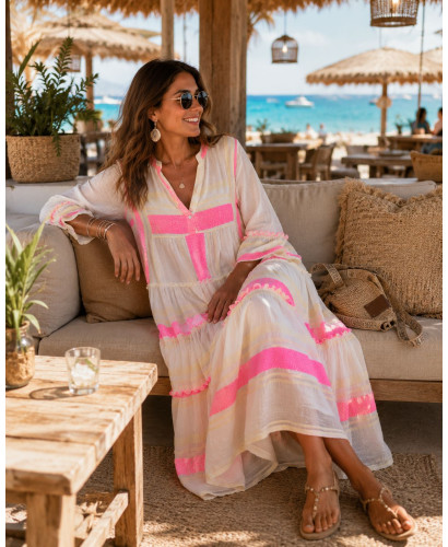 🏛️ Vestido Griego Bordado: Elegancia crudo y rosa🏛️