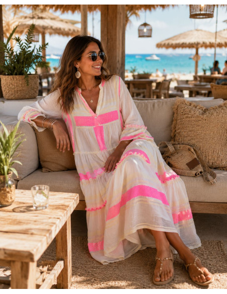 🏛️ Vestido Griego Bordado: Elegancia crudo y rosa🏛️