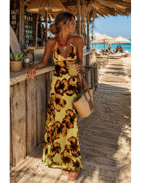 Vestido Largo Halter Floral Amarillo