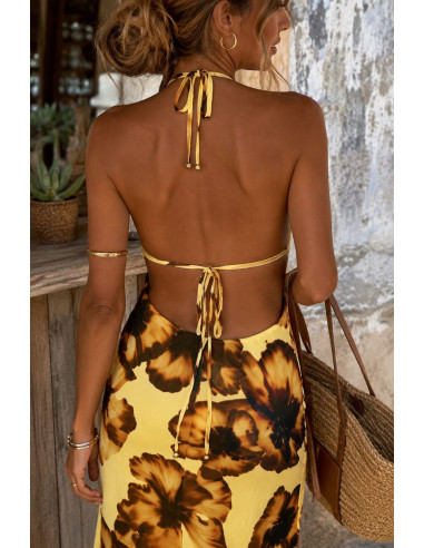 Vestido Largo Halter Floral Amarillo
