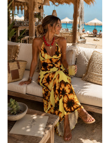 Vestido Largo Halter Floral Amarillo