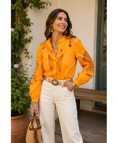 Camisa Naranja Bordada con Calados y Forro Interior