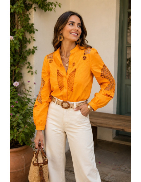 Camisa Naranja Bordada con Calados y Forro Interior