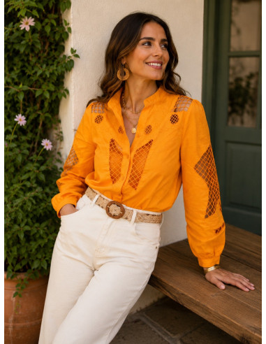 Camisa Naranja Bordada con Calados y Forro...