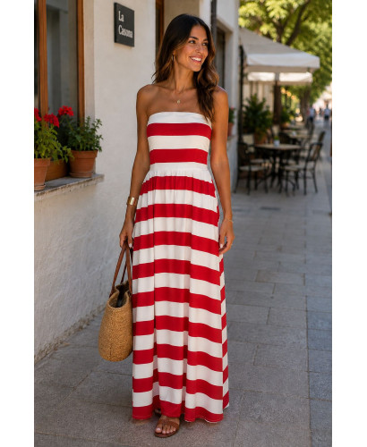 Vestido palabra de honor de rayas rojas y blancas 2