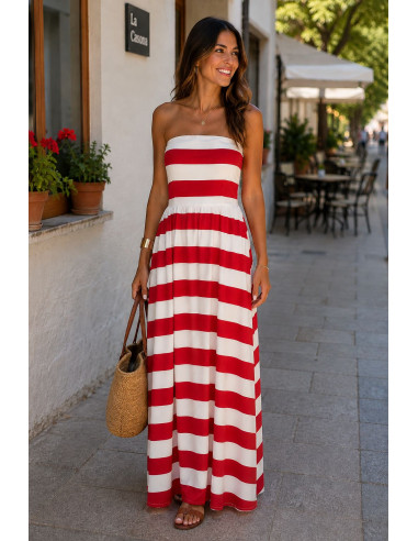 Vestido palabra de honor de rayas rojas y blancas