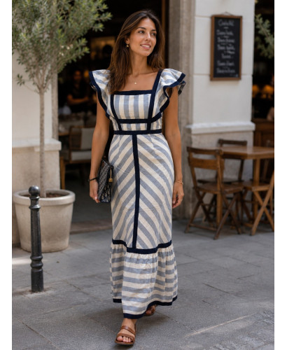 Vestido Largo de Rayas Beige y azul marino con Volantes 2