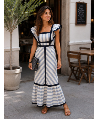 Vestido Largo de Rayas Beige y azul marino con Volantes