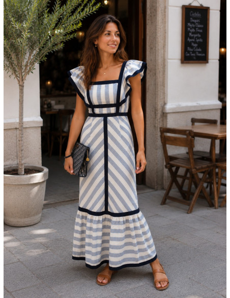 Vestido Largo de Rayas Beige y azul marino con Volantes
