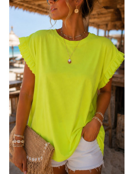 Camiseta amarilla flúor con pequeño volante en mangas