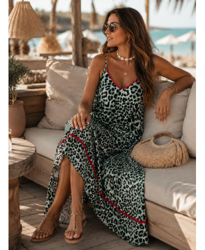 Vestido de Tirantes Animal Print Verde con Piculina Roja