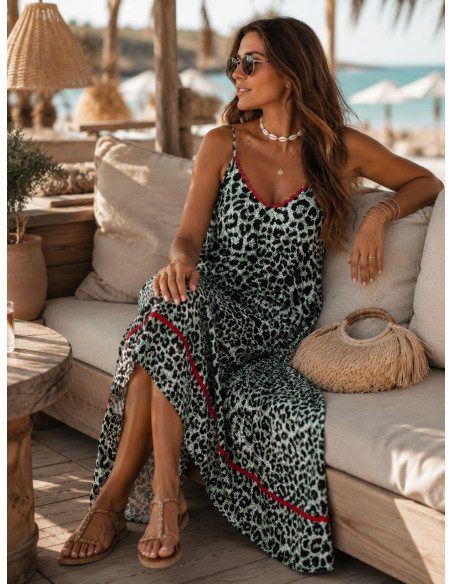 Vestido de Tirantes Animal Print Verde con Piculina Roja