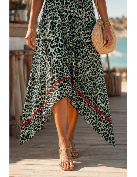 Vestido de Tirantes Animal Print Verde con Piculina Roja