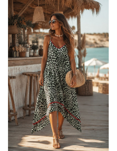 Vestido de Tirantes Animal Print Verde con Piculina Roja