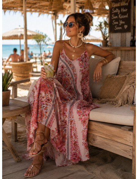 Vestido seda rosa palo estampado
