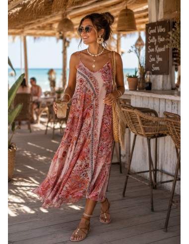 Vestido seda rosa palo estampado