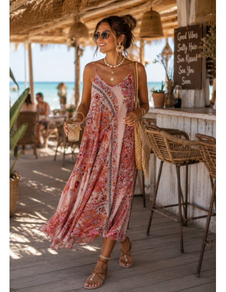 Vestido seda rosa palo estampado