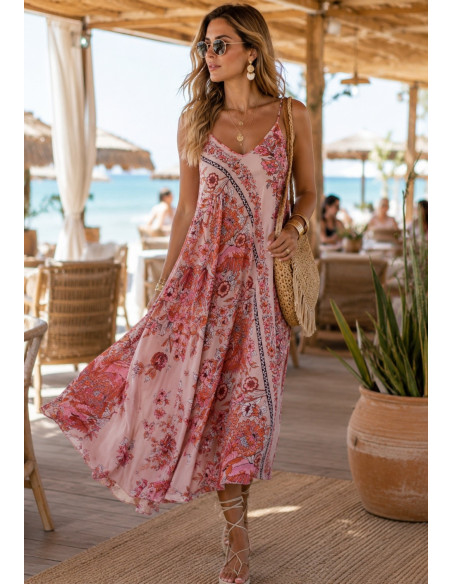 Vestido seda rosa palo estampado