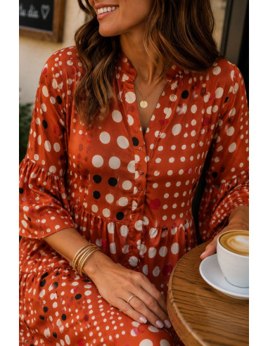 🌈 Vestido Satén Lunares Multicolores naranja