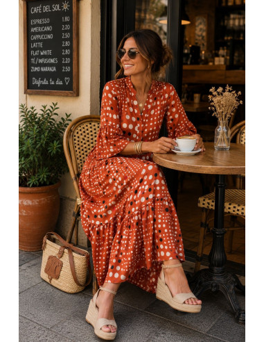 🌈 Vestido Satén Lunares Multicolores naranja
