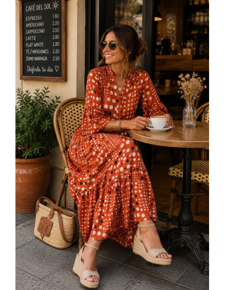 🌈 Vestido Satén Lunares Multicolores naranja