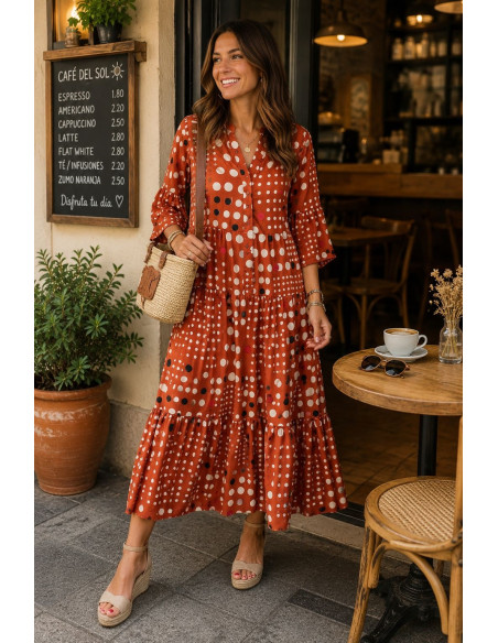 🌈 Vestido Satén Lunares Multicolores naranja