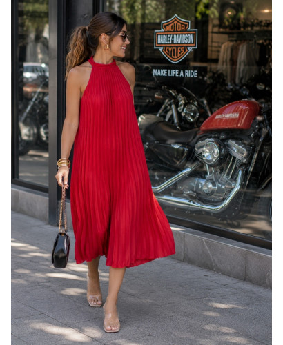 👗✨ Vestido Halter Plisado Rojo - Corte Midi Elegante ✨👗