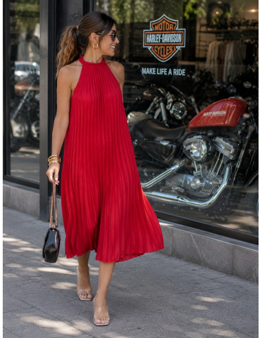 👗✨ Vestido Halter Plisado Rojo - Corte Midi...