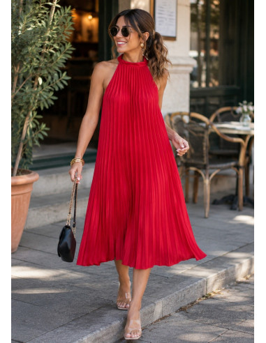 👗✨ Vestido Halter Plisado Rojo - Corte Midi...