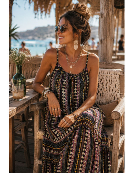 Vestido Largo de Tirantes Negro con Estampado Mostaza, Negro y Crudo