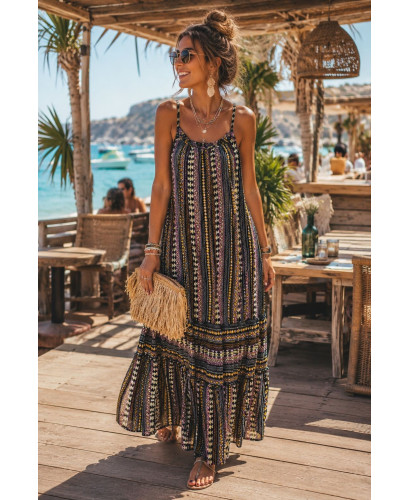 Vestido Largo de Tirantes Negro con Estampado Mostaza,...