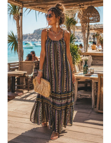 Vestido Largo de Tirantes Negro con Estampado...