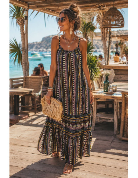 Vestido Largo de Tirantes Negro con Estampado Mostaza, Negro y Crudo