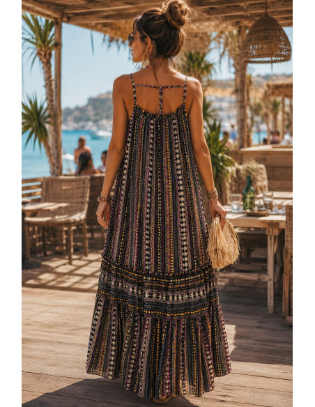 Vestido Largo de Tirantes Negro con Estampado Mostaza, Negro y Crudo