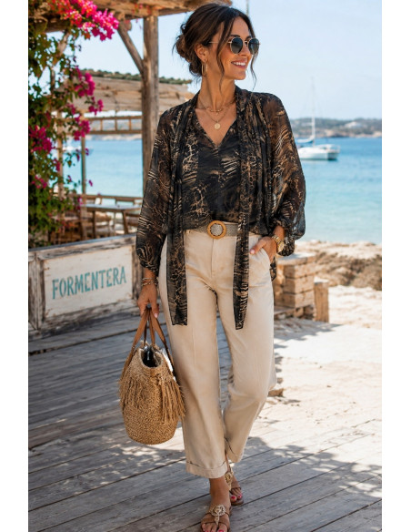 Blusa de tul con estampado print y lazada frontal