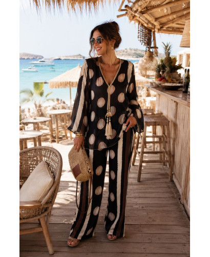 Conjunto blusón y pantalón en seda fría Lunar negro
