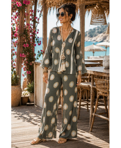 Conjunto blusón y pantalón en seda fría Lunar verde
