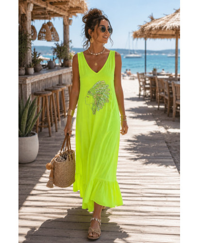 Vestido Largo amarillo con Bordado de Cabeza India