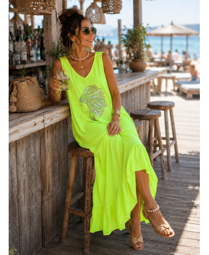 Vestido Largo amarillo con Bordado de Cabeza India 2