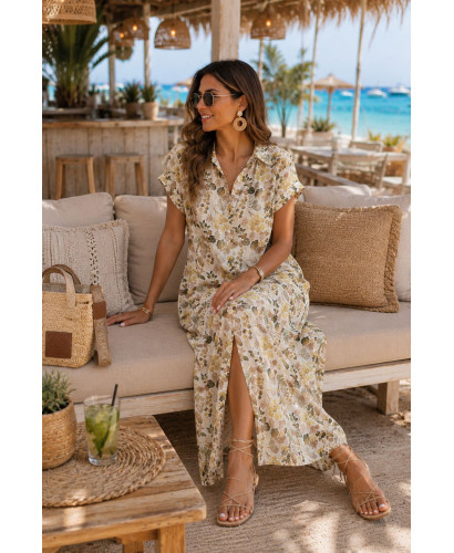 Vestido camisero largo tonos marrones y verdes