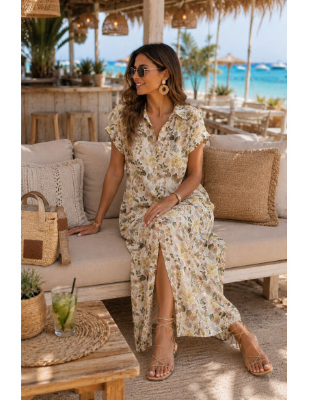 Vestido camisero largo tonos marrones y verdes