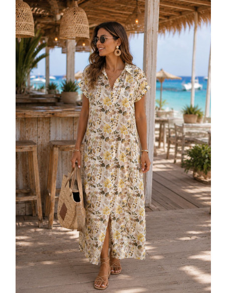 Vestido camisero largo tonos marrones y verdes