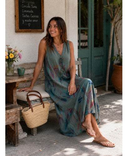 Vestido verde  lino estampado hojas