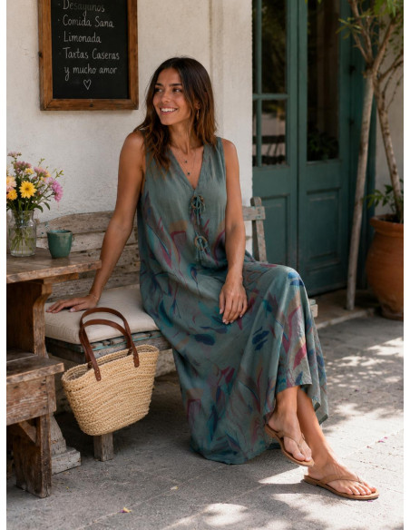 Vestido verde  lino estampado hojas