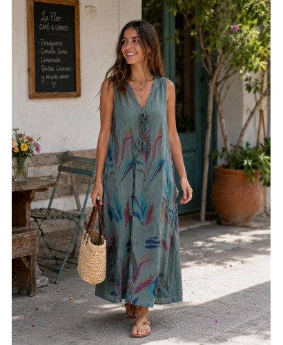 Vestido verde  lino estampado hojas 2